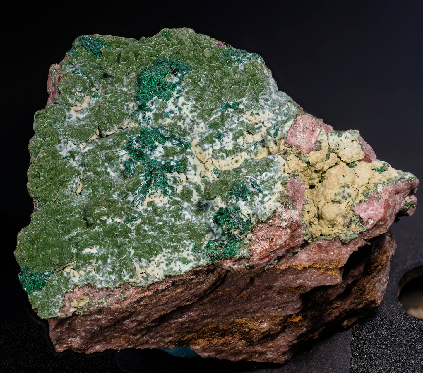 Kolwezite with Malachite on Cobaltoan Calcite