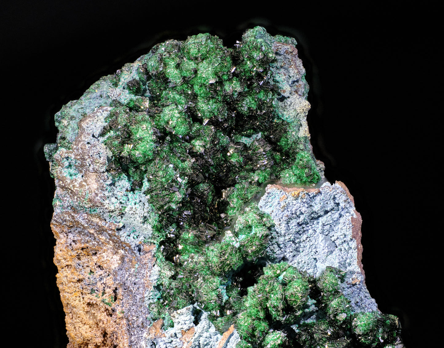 Libethenite with Plancheite and Pseudomalachite