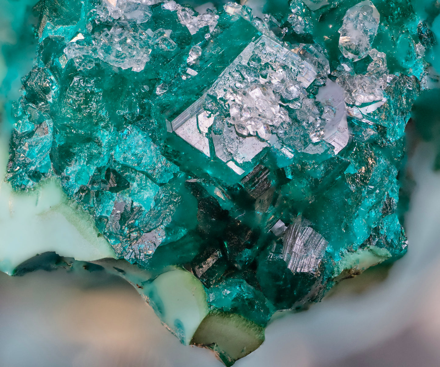 Dioptase with Plancheite and Drusy Quartz