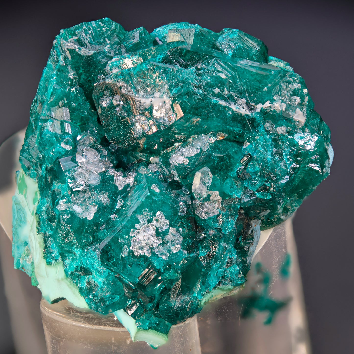 Dioptase with Plancheite and Drusy Quartz