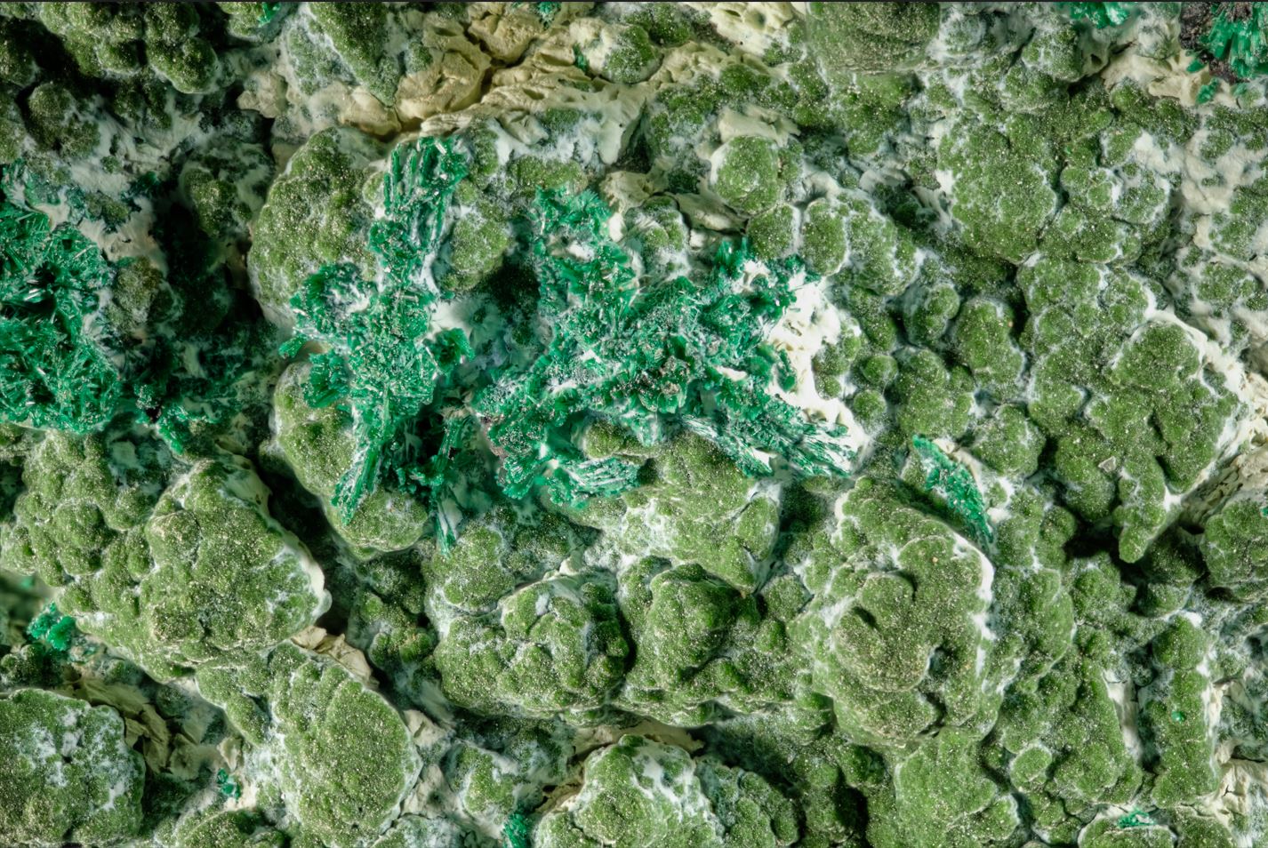 Kolwezite with Malachite on Cobaltoan Calcite