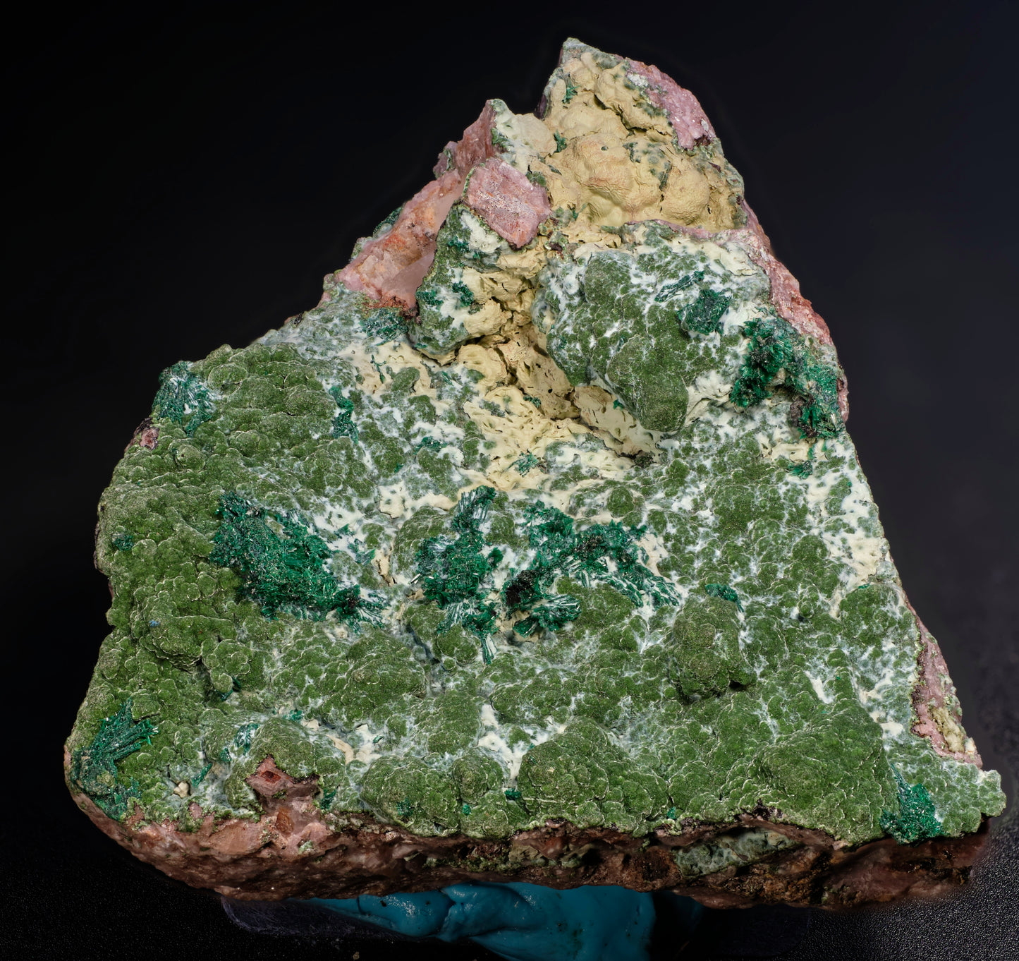 Kolwezite with Malachite on Cobaltoan Calcite