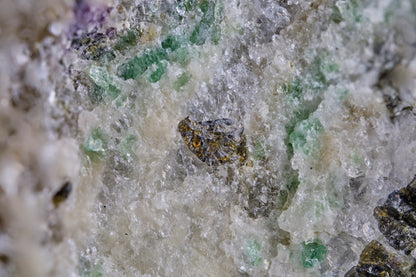 Emerald in Matrix with Fluor-Dravite, Fluorite, and Xenotime