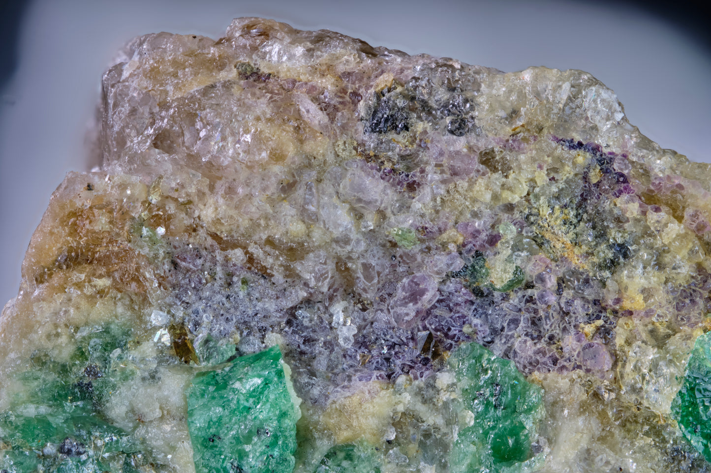 Emerald in Matrix with Fluor-Dravite, Fluorite, and Xenotime