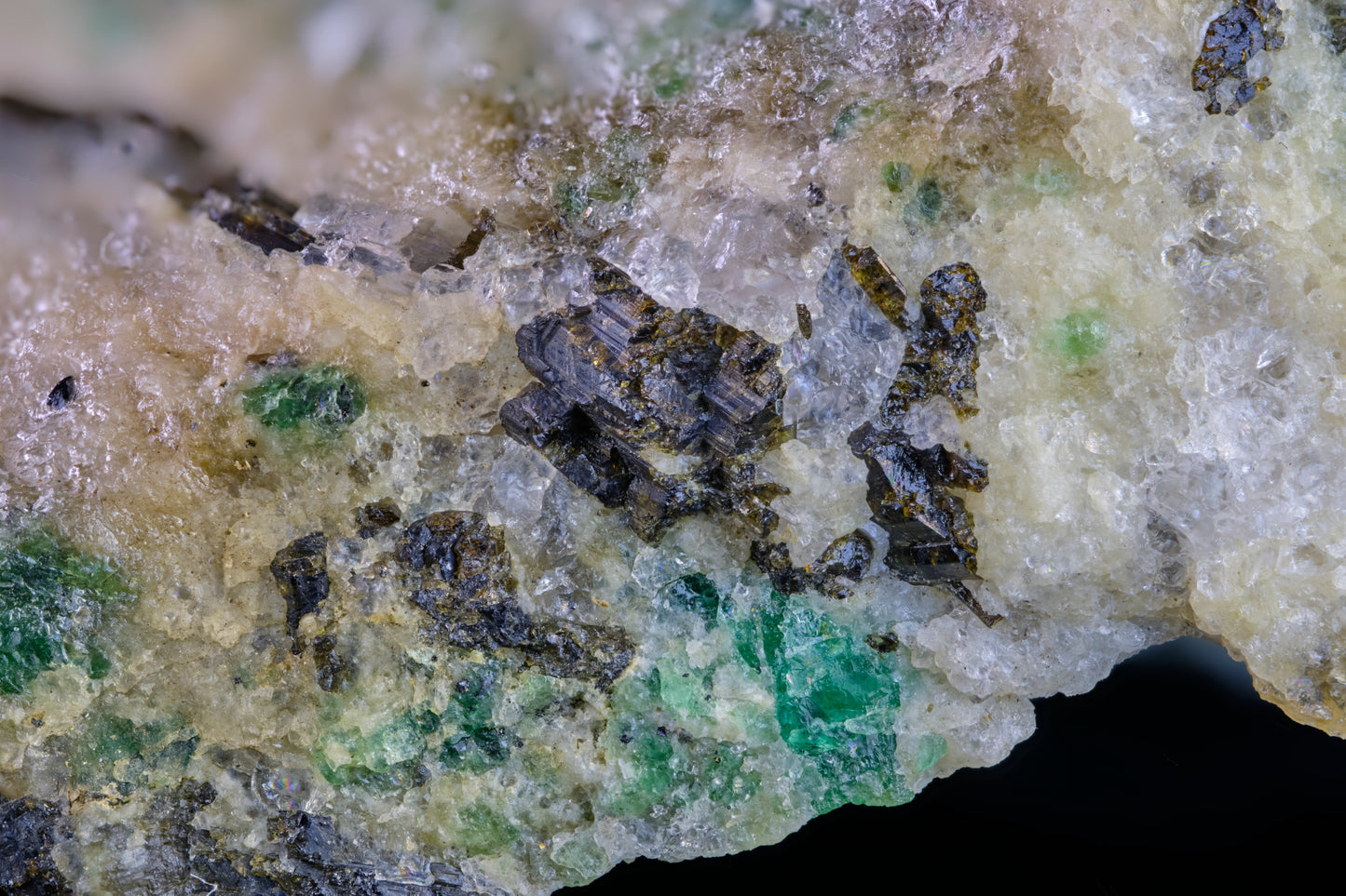 Emerald in Matrix with Fluor-Dravite, Fluorite, and Xenotime