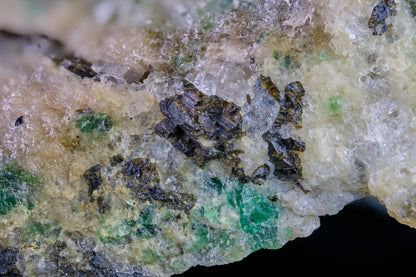 Emerald in Matrix with Fluor-Dravite, Fluorite, and Xenotime