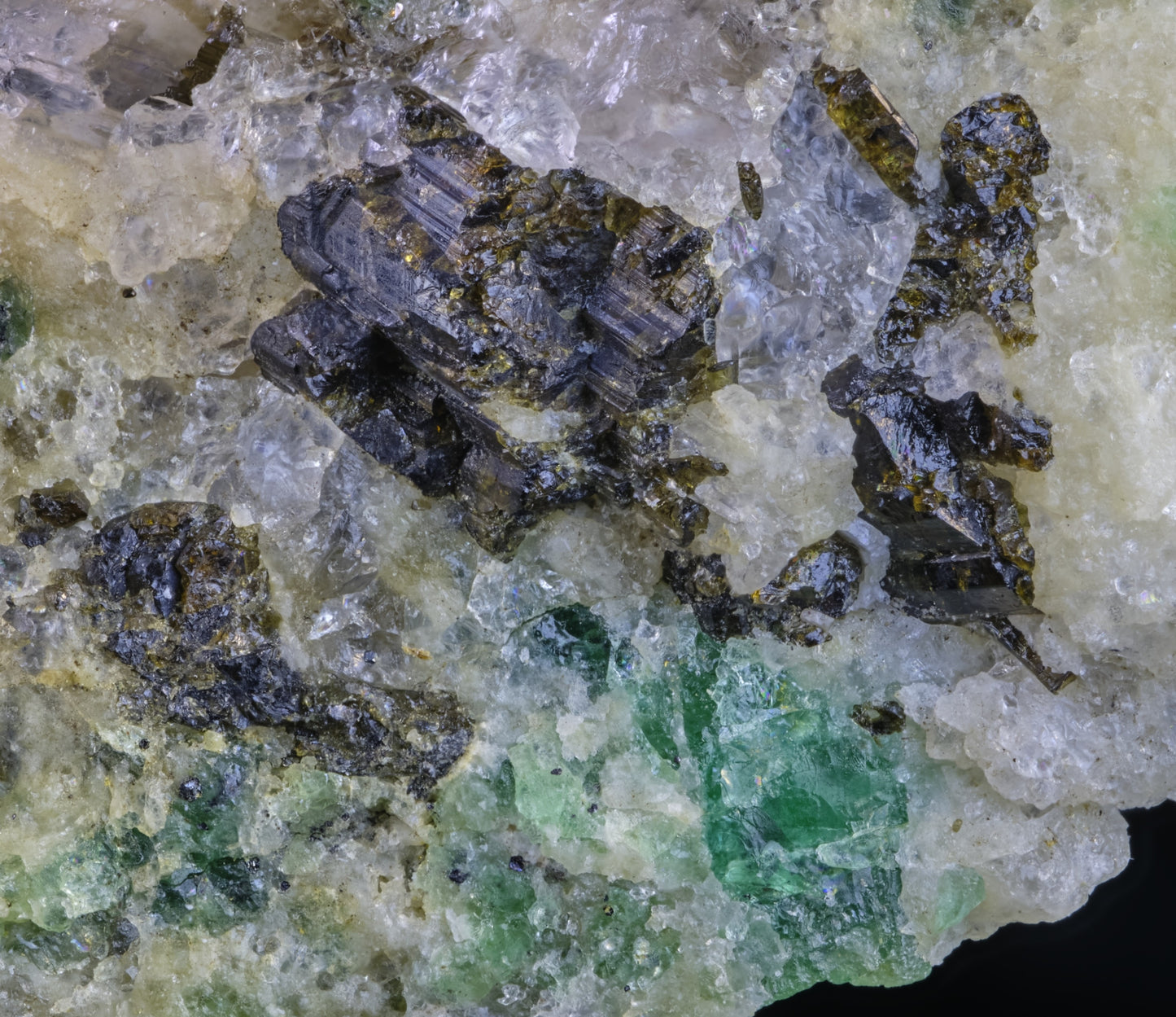 Emerald in Matrix with Fluor-Dravite, Fluorite, and Xenotime