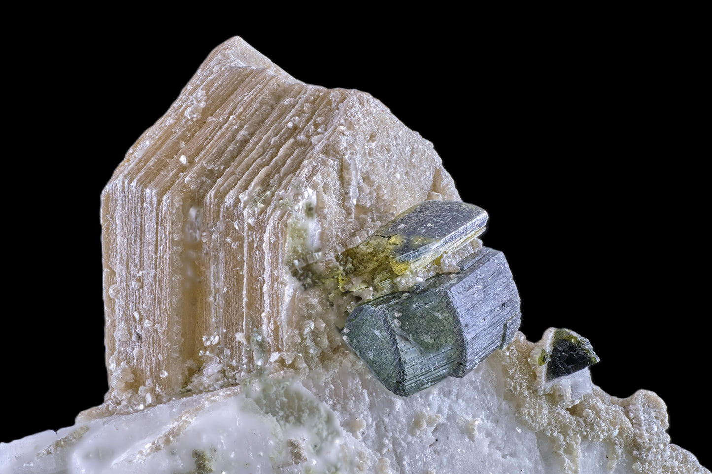 Tourmaline on Muscovite with Lepidolite and Albite