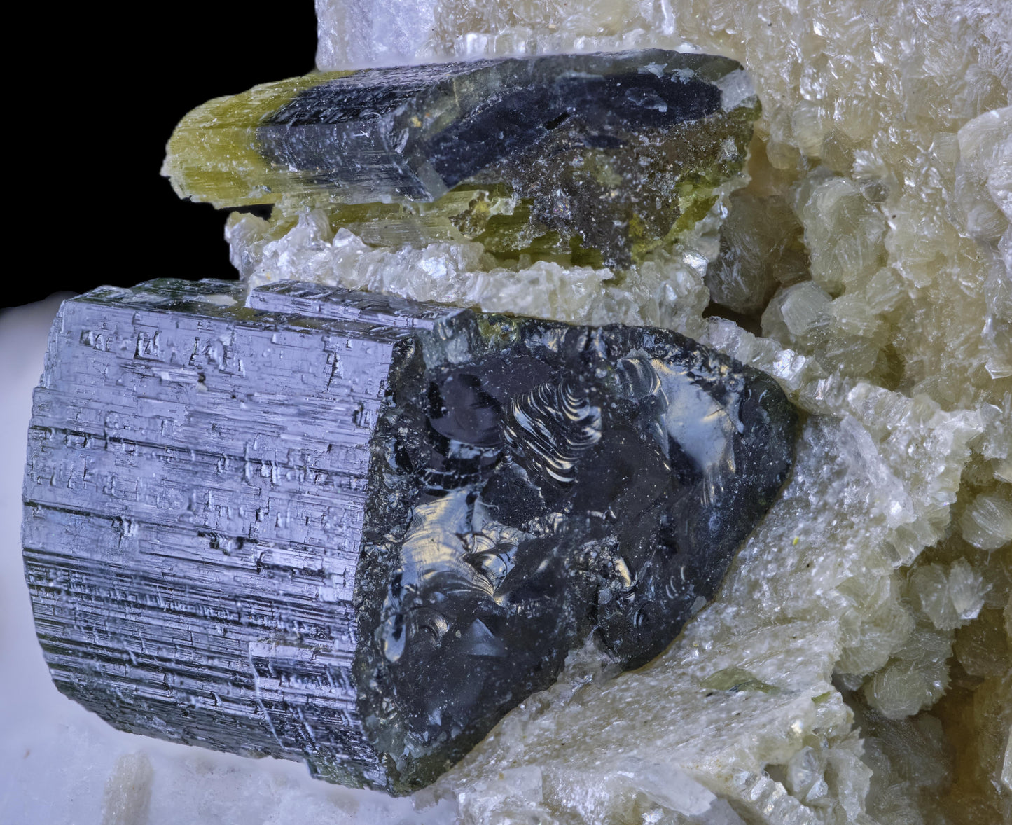 Tourmaline on Muscovite with Lepidolite and Albite