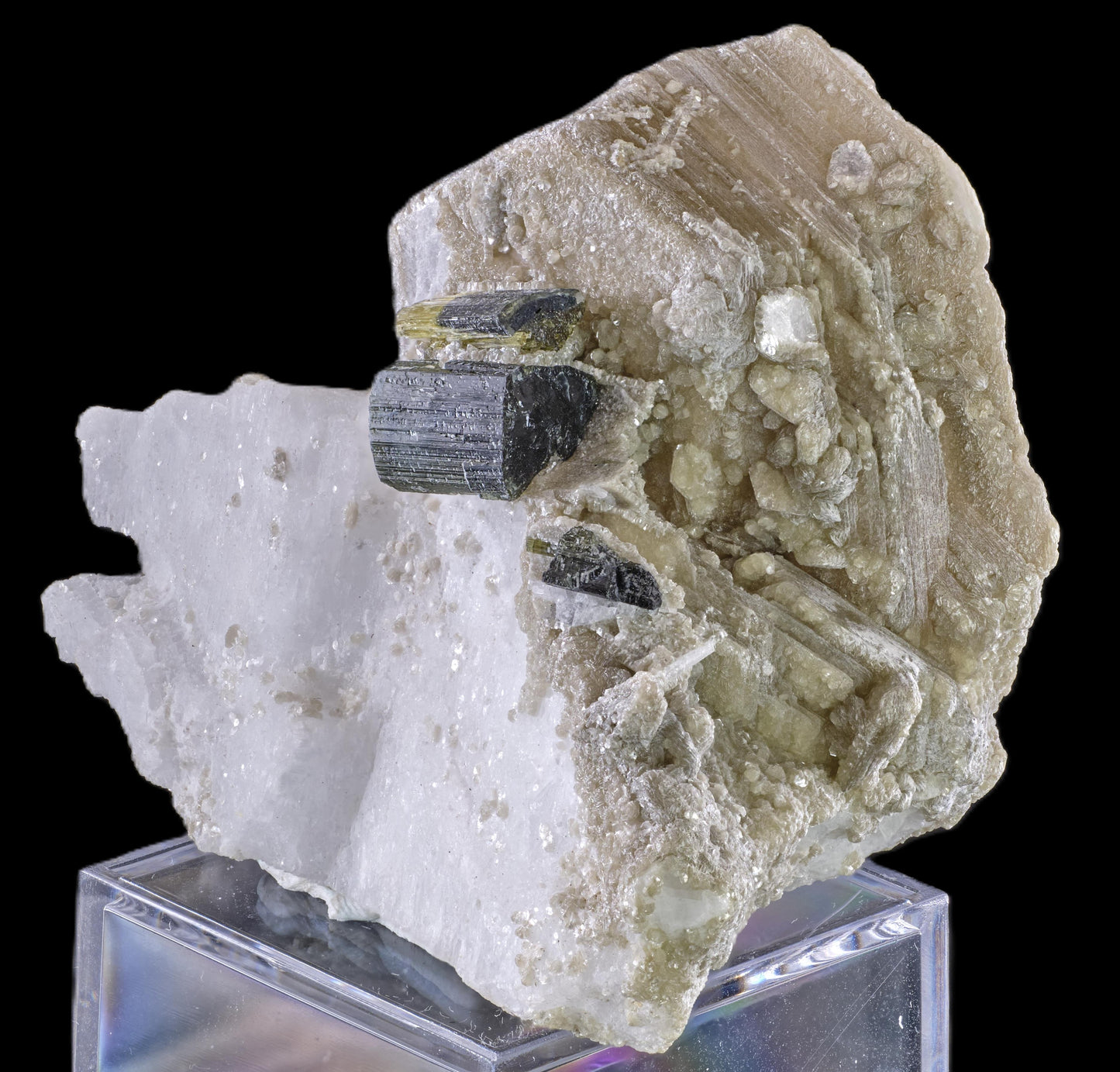 Tourmaline on Muscovite with Lepidolite and Albite