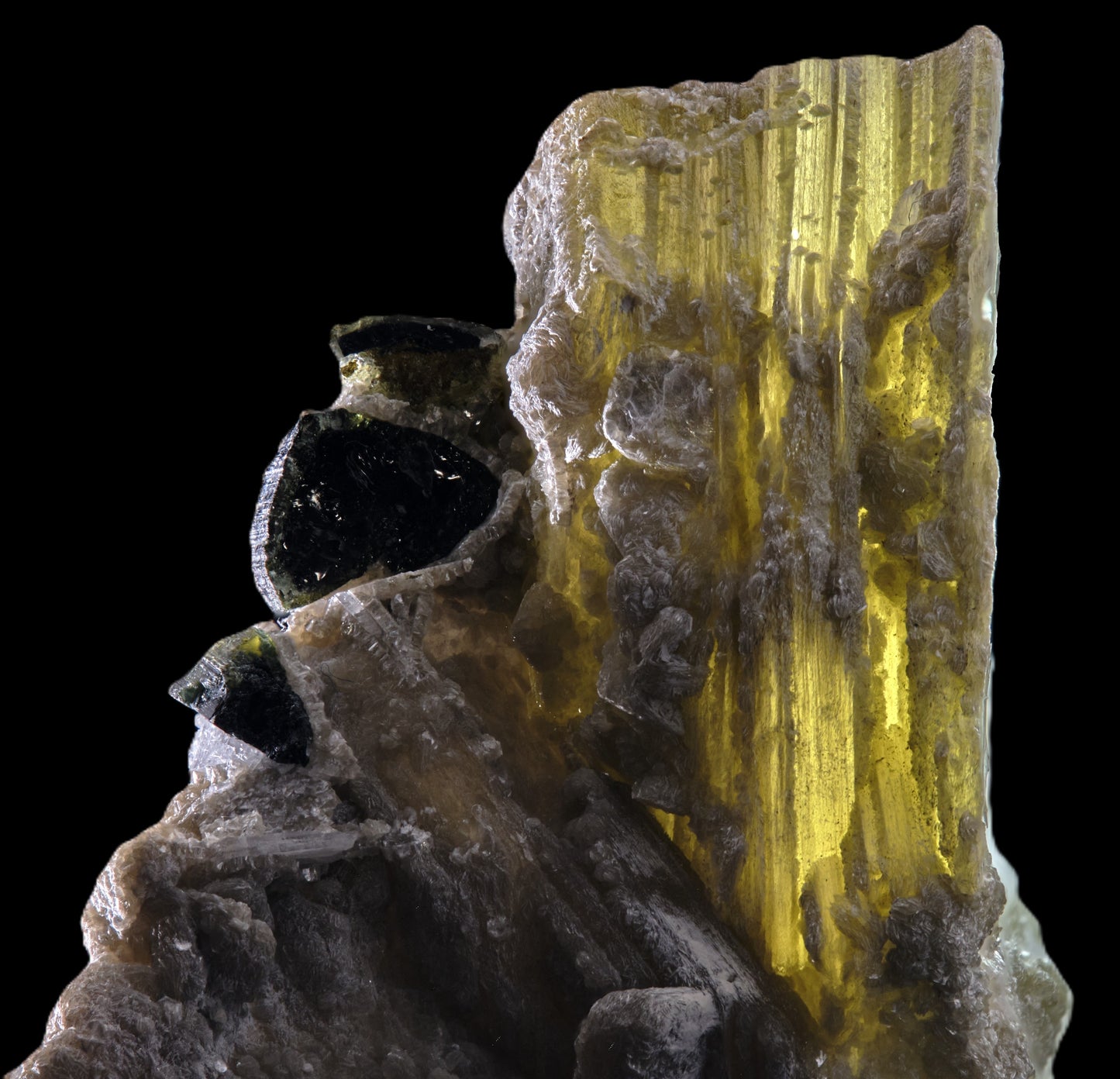Tourmaline on Muscovite with Lepidolite and Albite