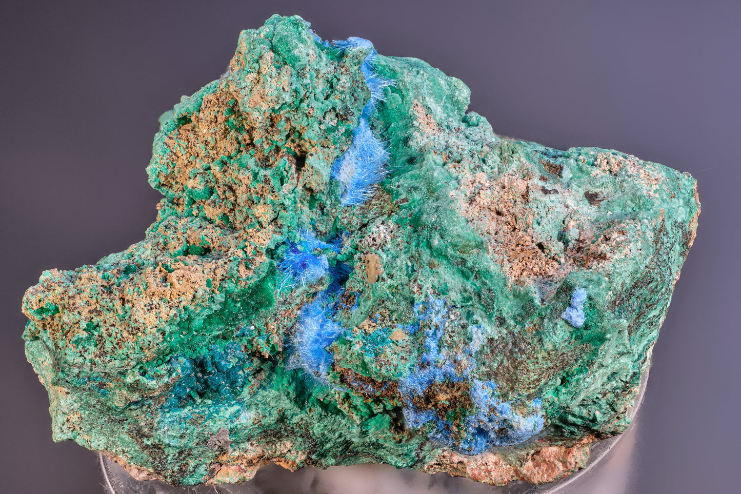 Spangolite, Cyanotrichite, and Malachite