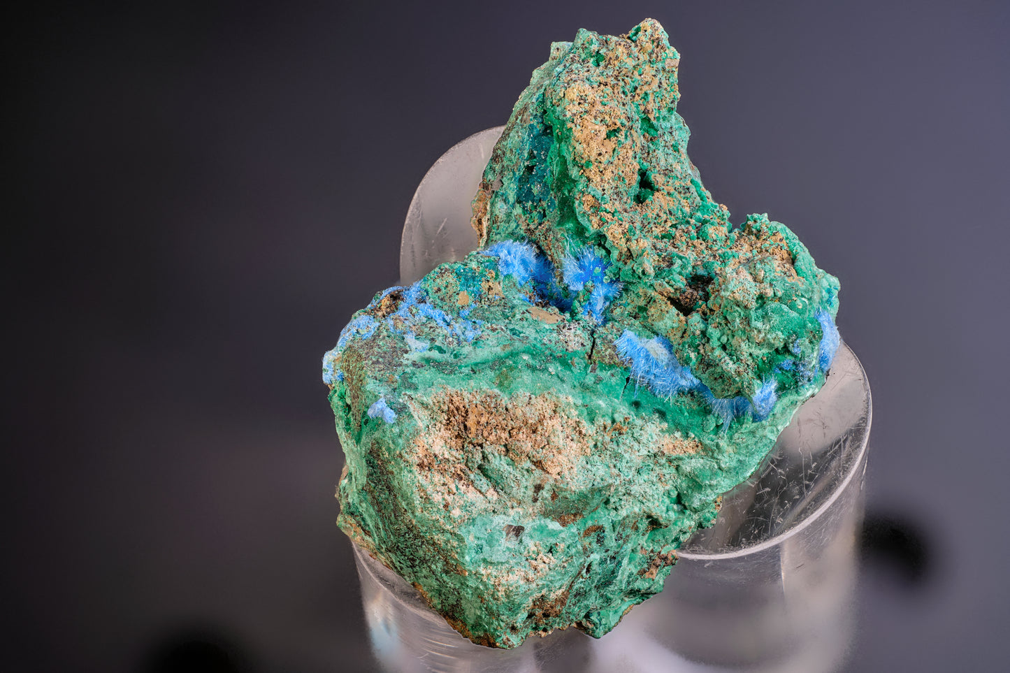 Spangolite, Cyanotrichite, and Malachite