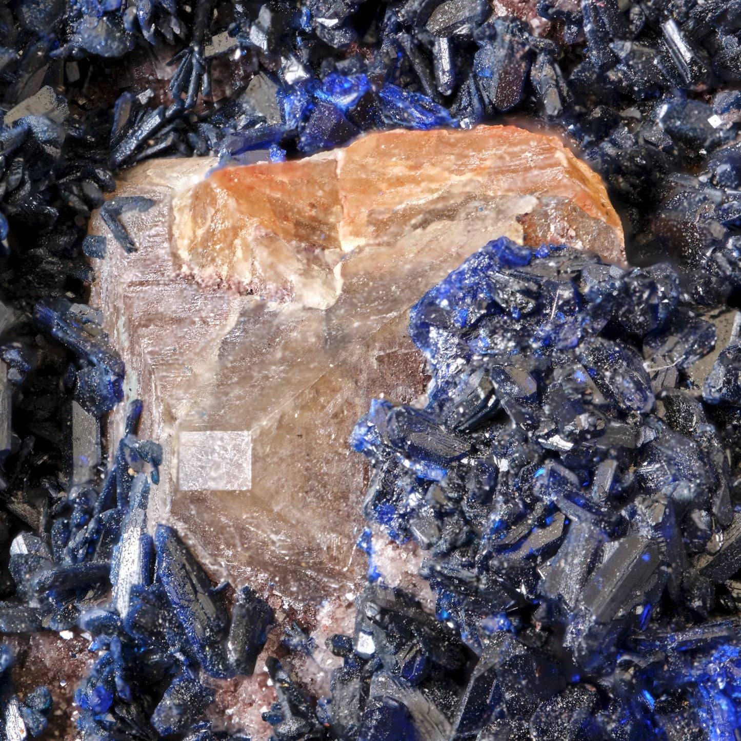 Wulfenite on Azurite with Dolomite and Smithsonite