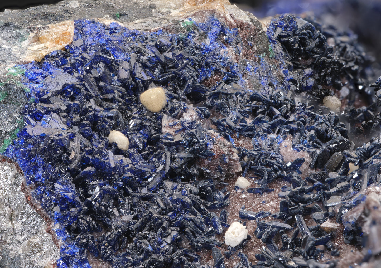 Wulfenite on Azurite with Dolomite and Smithsonite