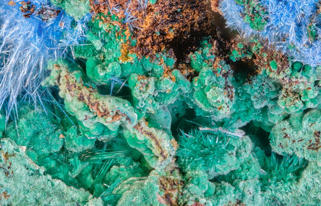 Spangolite, Cyanotrichite, and Malachite