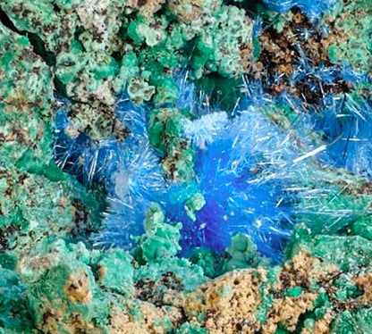 Spangolite, Cyanotrichite, and Malachite