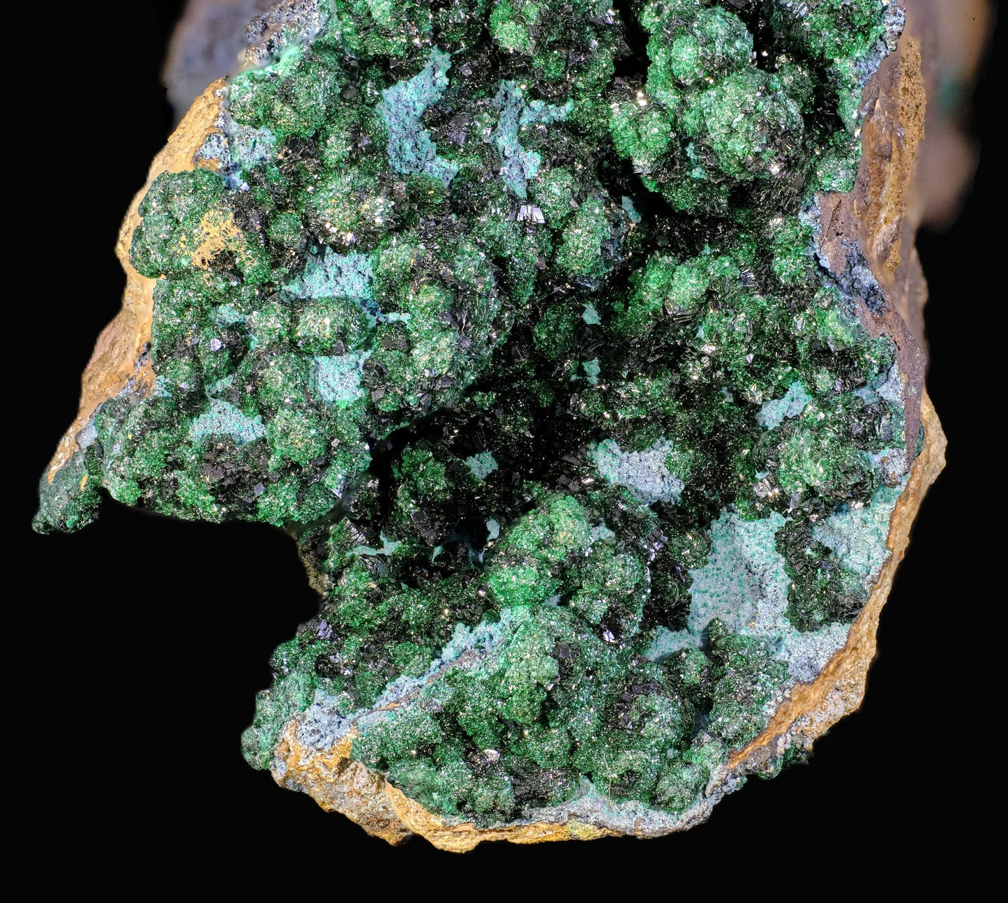 Libethenite with Plancheite and Pseudomalachite