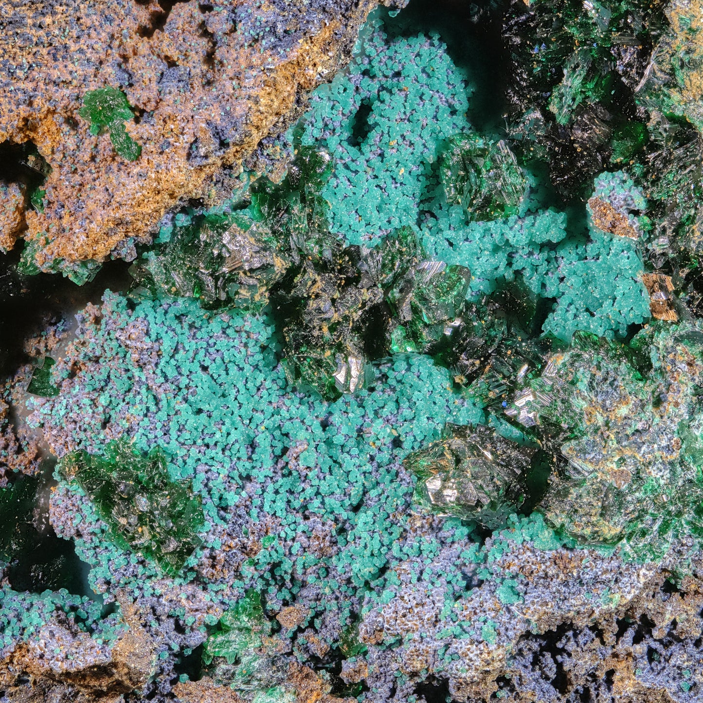 Libethenite with Plancheite and Pseudomalachite