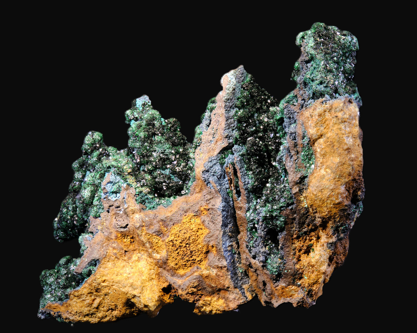 Libethenite with Plancheite and Pseudomalachite