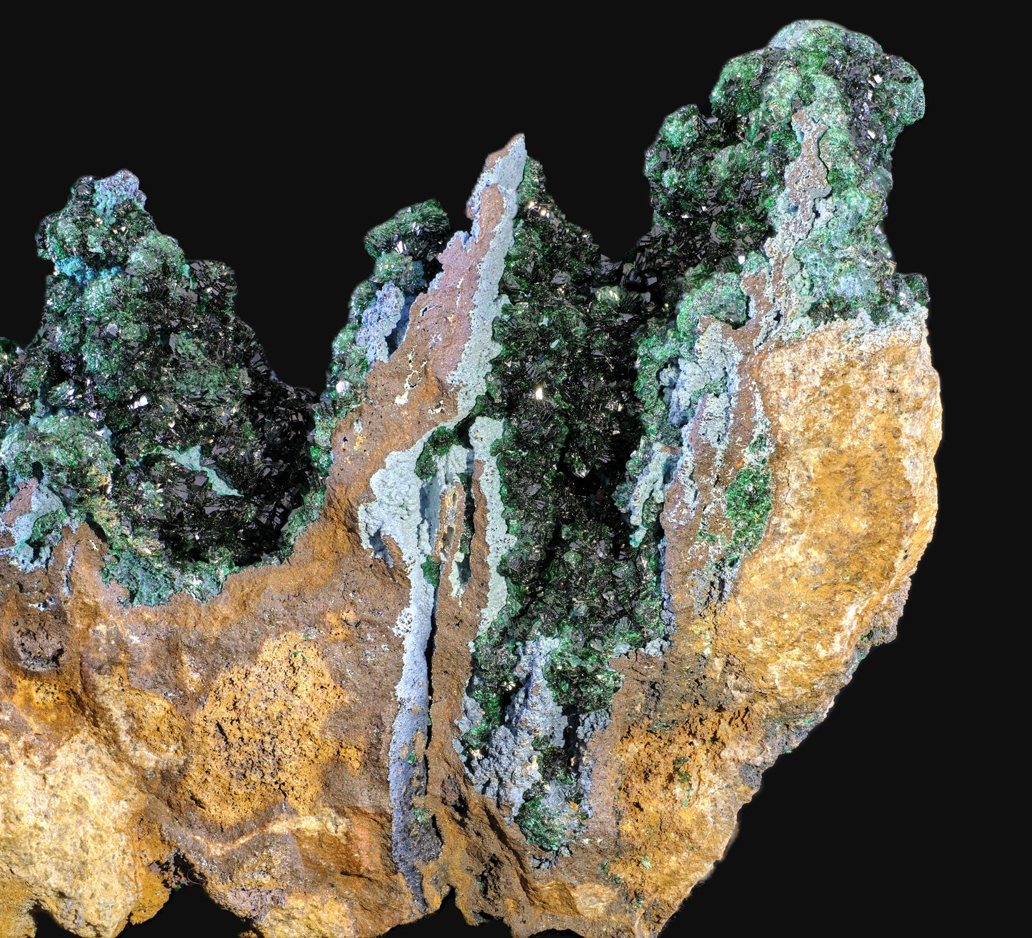 Libethenite with Plancheite and Pseudomalachite