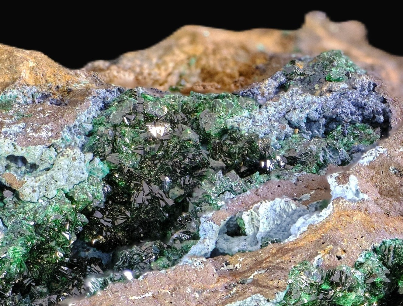 Libethenite with Plancheite and Pseudomalachite