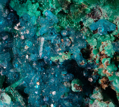 Spangolite, Cyanotrichite, and Malachite