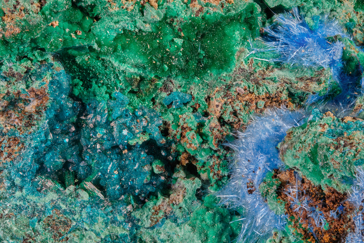 Spangolite, Cyanotrichite, and Malachite