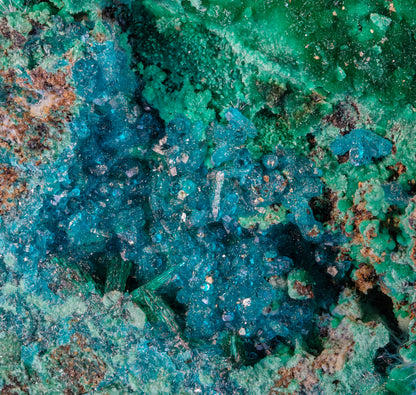 Spangolite, Cyanotrichite, and Malachite